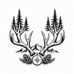 May include: A black and white graphic illustration featuring two deer antlers that transition into evergreen trees at the top. In the center, a mountain range sits behind a compass, flanked by two pine cones and pine needles at the base.