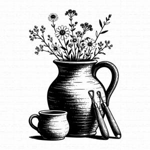 May include: A black and white line art illustration featuring a large ceramic pitcher filled with a bouquet of wildflowers, a smaller matching mug, and two sculpting tools with wooden handles resting against the side of the pitcher.