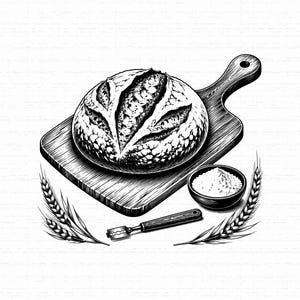 Puede incluir: Una ilustración de arte lineal en blanco y negro que muestra una hogaza de pan de masa madre con cortes sobre una tabla de cortar de madera, un cuenco pequeño con harina, una cuchilla de panadero con mango de madera y dos espigas de trigo.