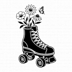 May include: A black and white graphic illustration of a high-top roller skate with laces. Three flowers and a butterfly emerge from the top of the skate. The design features bold black lines and solid black fill against a plain white background.