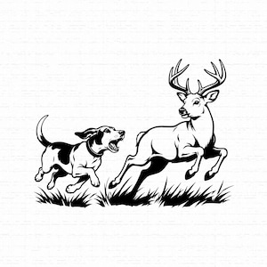 Puede incluir: Una ilustración gráfica en blanco y negro que muestra a un perro sabueso con la boca abierta ladrando, persiguiendo a un ciervo macho con grandes astas. Ambos animales aparecen en un movimiento dinámico de carrera sobre hierba negra.