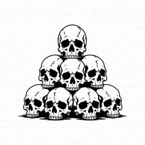 May include: A black and white graphic illustration featuring a pyramid-shaped stack of six human skulls. The design uses bold lines and high-contrast shading to define the anatomical features of each skull, arranged in a stable triangular formation.