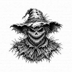 May include: A black and white ink illustration of a scarecrow head wearing a tattered, wide-brimmed hat. The figure features a jagged, toothy grin, hollow dark eyes, and a neck area covered in frayed straw-like textures and a knotted rope.