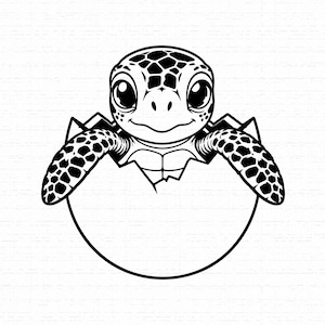 May include: A black and white graphic illustration of a baby sea turtle emerging from a cracked egg. The turtle has large, dark eyes and detailed shell patterns on its head and flippers, centered against a plain white background.
