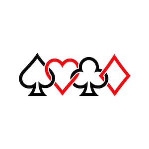 Könnte beinhalten: Eine Grafik mit den vier Spielkartensymbolen in einer horizontalen Reihe. Die Symbole für Pik in Schwarz, Herz in Rot, Kreuz in Schwarz und Karo in Rot sind miteinander verbunden, wobei sich die Linien jeder Form mit der benachbarten Figur überschneiden.