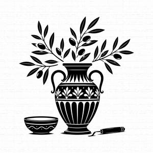 May include: A black and white graphic illustration featuring a two-handled amphora vase filled with olive branches, a small bowl with a wavy line pattern, and a handheld garden trowel positioned on the lower right side of the composition.