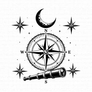 May include: A black and white graphic illustration featuring a central compass rose with cardinal directions N, S, E, and W. Above the compass is a crescent moon, and below is a telescope. Four eight-pointed stars surround the central elements.