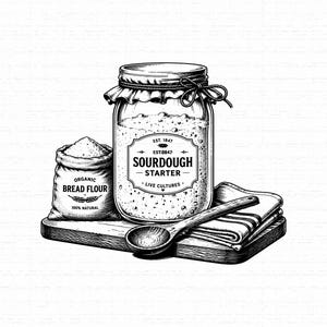 Puede incluir: Una ilustración en blanco y negro de un frasco de vidrio con la etiqueta SOURDOUGH STARTER EST. 1847 LIVE CULTURES, un saco con la etiqueta ORGANIC BREAD FLOUR 100% NATURAL, una cuchara de madera y un paño doblado sobre una tabla.