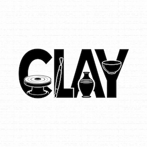 May include: A black graphic design featuring the word CLAY in bold capital letters. The letter C contains a pottery wheel, the letter L features a sculpting tool, the letter A shows a vase, and the letter Y displays a small bowl.