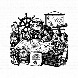 May include: A black and white illustration of a turtle wearing a sailor hat and glasses, using a compass on a map. Surrounding items include a ship wheel, lantern, telescope, globe, anchor, and books labeled Nautical Atlas, Celestial Navigation, and Ocean Charts.