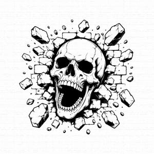 May include: A black and white graphic illustration of a human skull with an open jaw, depicted as if it is bursting through a brick wall. The image features high-contrast line work showing the skull emerging from shattered masonry fragments.