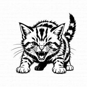 Arquivo SVG de Gato Feroz, Arquivo de Corte Cricut de Gatinho Bravo, Gráfico Vetorial de Gatinho Preto Tabby, Design PNG para Sublimação de Gato Sibilando, Download Instantâneo
