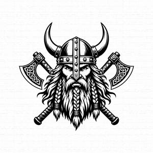 May include: A black and white graphic illustration of a Viking warrior wearing a horned helmet. The figure has a long, braided beard and is positioned in front of two crossed battle axes featuring intricate knotwork patterns on the blades.