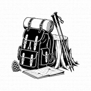 May include: A black and white graphic illustration featuring a hiking backpack with a rolled sleeping bag attached to the top, two trekking poles leaning against a tree stump, an open map with marked trails, and a single pinecone on the ground.