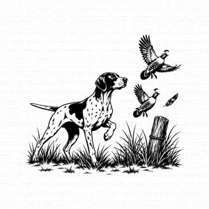 May include: A black and white graphic illustration featuring a spotted pointer dog standing in tall grass. To the right, two quail are depicted in flight above a wooden post, with a single feather floating in the air near the birds.