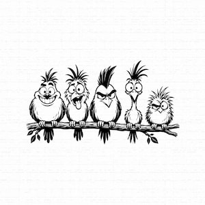 Könnte beinhalten: Eine schwarz-weiße grafische Illustration von fünf Cartoon-Vögeln mit unterschiedlichen Gesichtsausdrücken, die auf einem Ast sitzen. Jeder Vogel hat struppiges Gefieder und einzigartige Merkmale, von breitem Grinsen bis zu einem ernsten Blick.