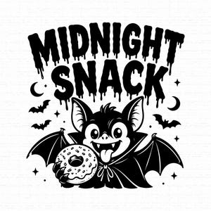 Midnight Snack Bat SVG, Cute Halloween Donut Design, Spooky Bat T-Shirt Graphic, Funny Vampire Bat Cut File, Holiday Vector, Instant Downloa