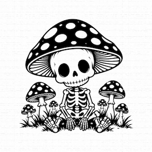 Könnte beinhalten: Eine schwarz-weiße grafische Illustration, die ein kleines Skelett zeigt, das zwischen mehreren Pilzen sitzt. Das Skelett trägt einen großen, gepunkteten Pilzhut, und die Szene umfasst verschiedene kleinere Pilze, die im Gras wachsen.