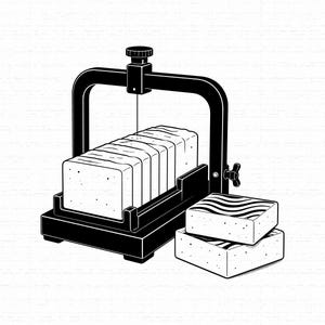 May include: A black and white line art illustration of a manual soap cutter with a wire blade slicing through a rectangular block of soap. Two additional rectangular soap bars with wavy surface patterns are stacked next to the cutting device.