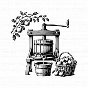 May include: A black and white illustration of a wooden apple press with a hand crank, positioned next to a woven basket filled with apples and a wooden bucket collecting liquid. A branch with leaves and apples hangs above the press.