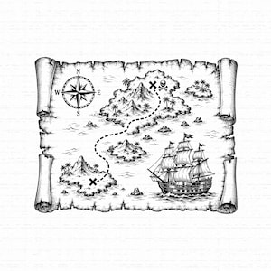 May include: A black and white ink illustration of a rolled parchment treasure map featuring a compass rose, islands with palm trees, a dotted path leading to two X marks, a skull and crossbones symbol, and a large sailing ship on the water.