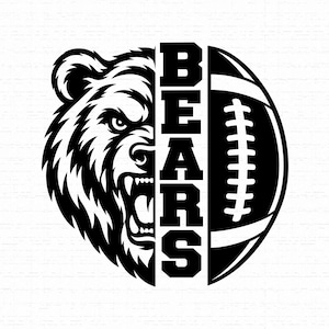 Könnte beinhalten: Ein schwarz-weißes Grafikdesign mit einer geteilten kreisförmigen Komposition. Die linke Seite zeigt einen knurrenden Bärenkopf, während die rechte Seite einen Football darstellt. Das Wort BEARS ist vertikal in fetten Buchstaben dazwischen.