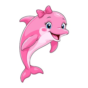 Peut inclure: Une illustration de dessin animé représentant un dauphin rose vif avec un ventre rose plus clair. Le dauphin a une expression joyeuse, de grands yeux bleus avec de longs cils et un nœud rose sur le dessus de la tête. Il est représenté en plein saut.