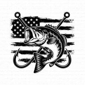 Patriotic Bass Fishing SVG, American Flag Angler Cricut Cut File, Distressed USA Flag Fish Clipart PNG, Fisherman T-Shirt, Instant Download