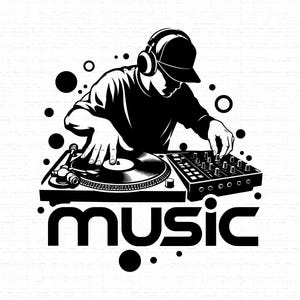 May include: A black and white graphic illustration of a DJ wearing a cap and headphones, operating a turntable and a mixer. The word music is printed in bold, lowercase letters at the bottom, surrounded by various sized black circles and dots.