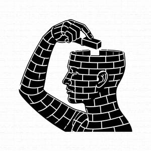 May include: A black and white graphic illustration depicting a human head and arm constructed entirely from stacked rectangular bricks. The figure is shown in profile, with the hand placing a single brick into the open top of the head.