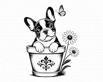 French Bulldog SVG, Cute Frenchie Shirt Design, Whimsical Puppy Flower Pot Cut File, Garden Daisy Art Clipart PNG Sublimation, Download