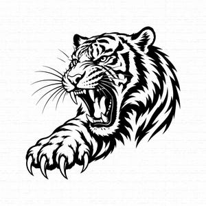Puede incluir: Una ilustración gráfica en blanco y negro de una cabeza de tigre con la boca abierta en un rugido, mostrando dientes afilados y bigotes. El tigre se representa con una pata delantera extendida hacia adelante, mostrando garras prominentes.