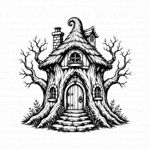 May include: A black and white line art illustration of a house built into a large tree trunk. The structure features a thatched roof, a central arched wooden door with a knocker, stone steps, and two bare, gnarled trees extending from the sides.