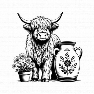 May include: A black and white line art illustration featuring a shaggy Highland cow standing next to a potted plant with daisy-like flowers and a decorative ceramic vase adorned with a symmetrical floral pattern on its front surface.