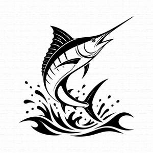 May include: A black and white graphic illustration of a marlin fish leaping out of stylized water. The fish is depicted in a dynamic pose with its long bill pointed upward, showing sharp lines and high contrast details against a plain background.
