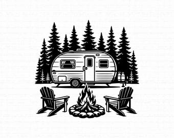 May include: A black and white graphic illustration featuring a vintage-style travel trailer parked in front of a dense forest of pine trees. In the foreground, a campfire burns within a stone ring, flanked by two wooden Adirondack chairs.