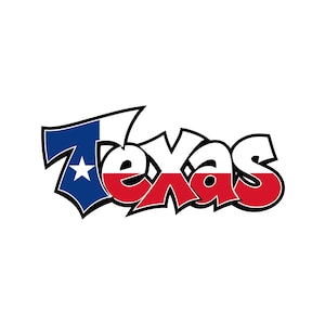 May include: A graphic design featuring the word Texas in a stylized, bold font with a thick black outline. The letter T incorporates the blue, white, and red colors of the Texas state flag, including a white star on a blue background.