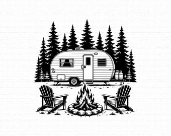 May include: A black and white graphic illustration featuring a vintage-style travel trailer parked in front of a dense pine forest. In the foreground, two wooden chairs are positioned on either side of a crackling campfire built with logs and stones.