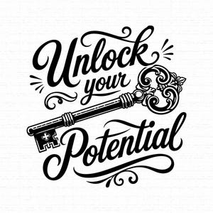 Può includere: Un design grafico in bianco e nero che presenta una chiave vintage ornata posizionata in diagonale. Il testo "Unlock your Potential" è scritto in un carattere corsivo decorativo, con "Unlock" sopra la chiave e "Potential" sotto.