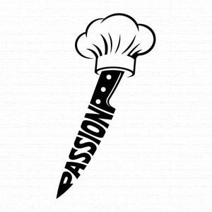 May include: A black and white graphic illustration featuring a chef hat positioned above a kitchen knife. The blade of the knife is stylized with the word PASSION integrated into its design, with the handle extending upward into the chef hat.