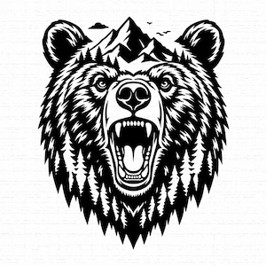 May include: A black and white graphic illustration of a bear head with an open mouth. The bear's fur incorporates a silhouette of a mountain range at the top and a dense forest of pine trees along the sides, rendered in high contrast ink style.