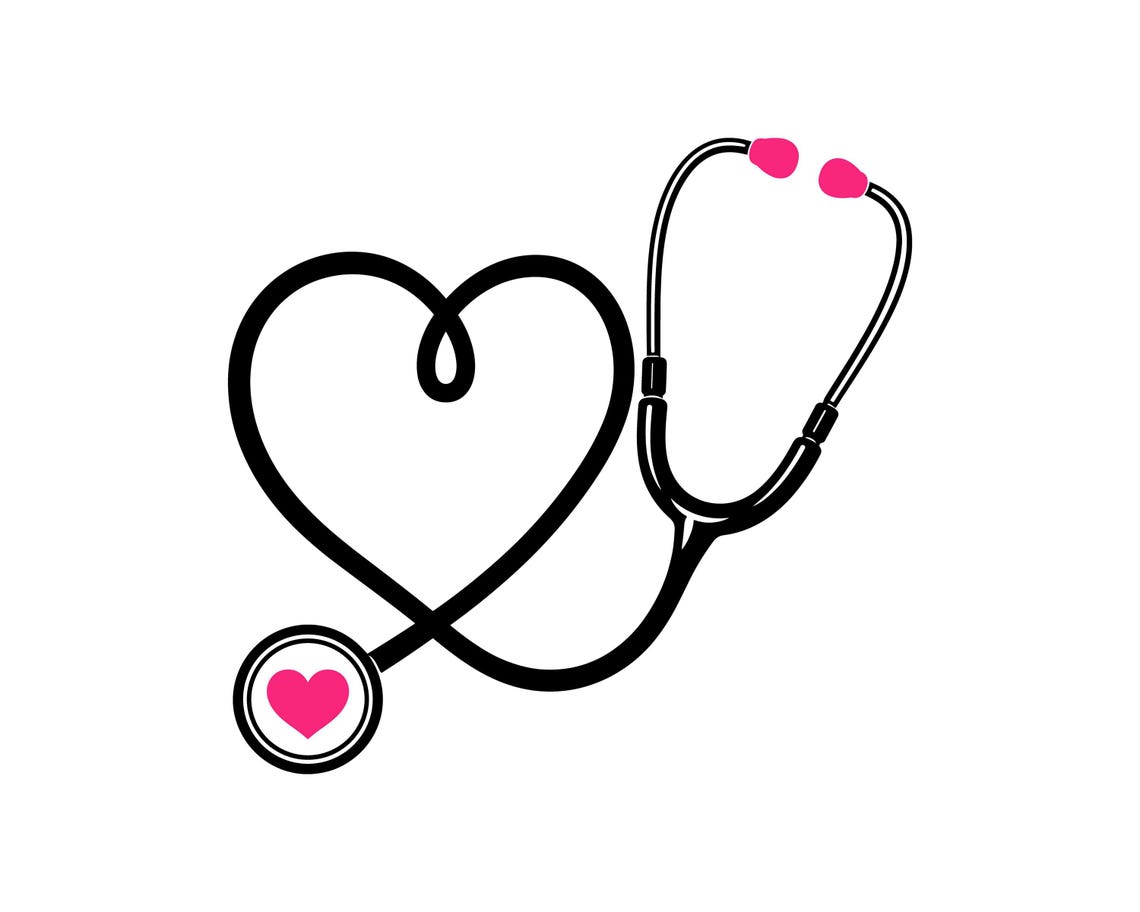 Business & Services SVG design featuring a medical stethoscope coiled into a heart shape with bright pink eartips and a heart icon on the chest piece. This healthcare vector cut file works great for custom Cricut shirts, nurse appreciation apparel, doctor gifts, and unique POD projects. The bold graphic is optimized for clean crafting, vinyl cutting, laser engraved crafts, and sublimated print transfers.