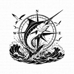 May include: A black and white graphic illustration featuring a marlin leaping from ocean waves in front of a compass rose. The design includes four birds flying around the central compass, with the letters N, W, E, and S marking the cardinal directions.