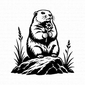 May include: A black and white graphic illustration of a groundhog sitting on a rock. The groundhog is holding a single flower in its front paws. There are stalks of grass on both sides of the rock, completing this nature-themed animal design.