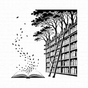 May include: A black and white illustration featuring an open book with leaves rising from its pages in a swirling pattern. Beside the book stands a tall, multi-tiered bookshelf filled with books, topped by a dense forest of trees and a ladder.