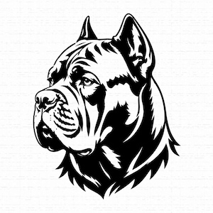 May include: A high-contrast black and white graphic illustration of a Cane Corso dog head in profile. The design features bold, solid black shapes against a white background, capturing the muscular facial structure and alert ears of the breed.