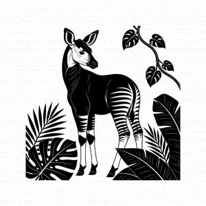 May include: A black and white graphic illustration of an okapi standing among tropical foliage. The okapi features its characteristic striped hindquarters and solid dark body, surrounded by large palm and monstera leaves in a jungle setting.