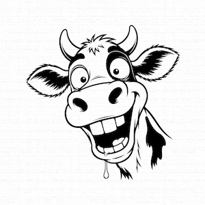 May include: A black and white graphic illustration of a cow head with a wide, toothy grin, large expressive eyes, and small horns. The cow has a spotted pattern on its neck and a small drop of liquid hanging from its lower lip, rendered in a cartoon style.