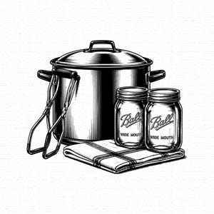 May include: A black and white illustration of a large metal stockpot with a lid, a pair of metal jar lifter tongs, two glass Ball Wide Mouth mason jars, and a folded plaid kitchen towel. The jars feature the embossed text Ball and Wide Mouth.