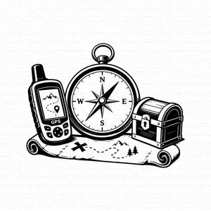 Può includere: Un'illustrazione grafica in bianco e nero che presenta un dispositivo GPS portatile con un percorso di montagna sullo schermo, una bussola circolare con punti cardinali, un piccolo forziere con lucchetto e una mappa arrotolata contrassegnata da una X.